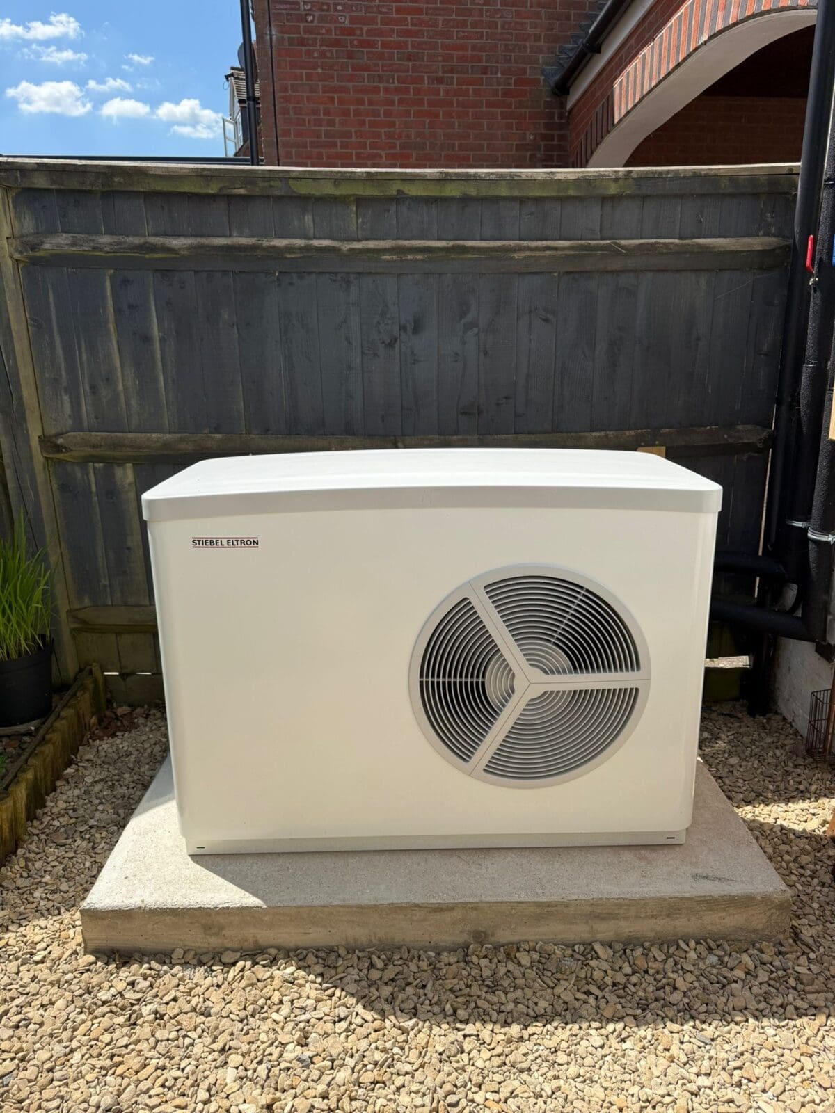 Steibel Eltron air source heat pump, installed by the plumbing and heating team in Andover